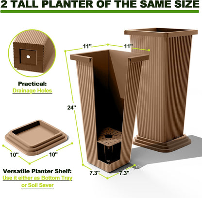 FENCY Set of 2 Tall Planters for Outdoor Plants, 24 Inch Large Tapered Pots with Drainage Trays, Weather-Resistant Plastic Plant Containers for Patio, Porch, Garden, Front Door Decor,Brown, Striped