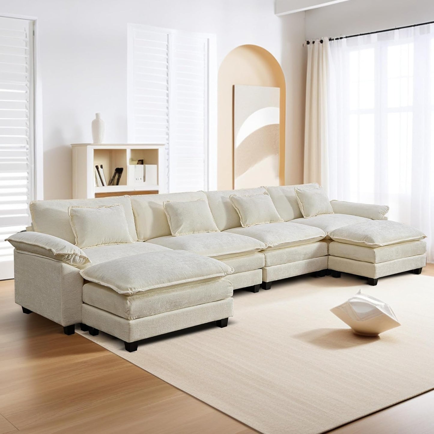 URRED Modular Sectional Sofa Comfy Cloud Couch, Modern Chenille Sofa Sleeper Deep Seat Couches with Ottoman/Pillows for Living Room (White, 154'' - U Shape)