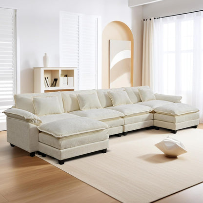 URRED Modular Sectional Sofa Comfy Cloud Couch, Modern Chenille Sofa Sleeper Deep Seat Couches with Ottoman/Pillows for Living Room (White, 154'' - U Shape)