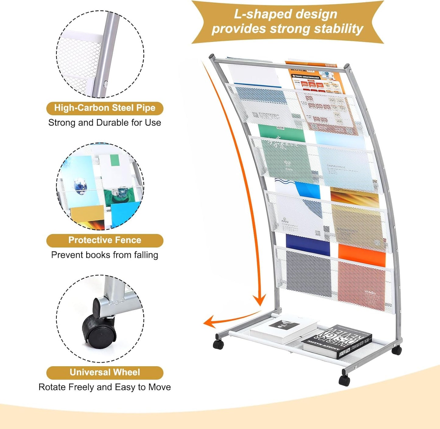PATIKIL L-shaped Magazine Display Racks Floor Standing 4 Layers Brochure Stand Catalog Literature Holder with Wheels for Hotel, Exhibition, Trade Show, Office