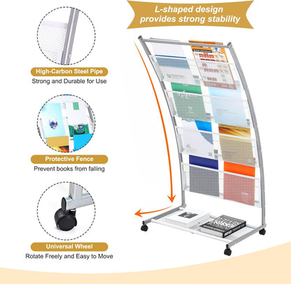 PATIKIL L-shaped Magazine Display Racks Floor Standing 4 Layers Brochure Stand Catalog Literature Holder with Wheels for Hotel, Exhibition, Trade Show, Office