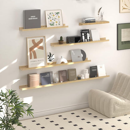 SAUMONIERES Picture Ledge Shelf Floating Book Shelves Set of 2 Wall Mounted Solid Wood for Bedroom Bathroom Living Room Kitchen, 48 Inch Natural