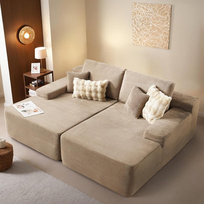ovios 81" Oversized Sectional Double Lounge Chaise with Cloud Plush Sofa Bed, No Assembly Required, Fluffy Modern Sleeper Loveseat Chair for Indoor Living Room Bedroom Reading, Camel (Corduroy Fabric)