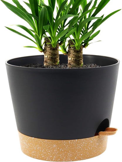 Self Watering Pots for Indoor Plants,12 inch Planters with Drainage Holes Plastic Flower Pots with Deep Reservoir, Black with Brown