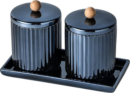 Qtip Holder Bathroom Set with Tray(3PCS) - 2 Piece 12 oz Blue Apothecary Jar Canister with Lid and 1 Pack Ceramic Vanity Tray