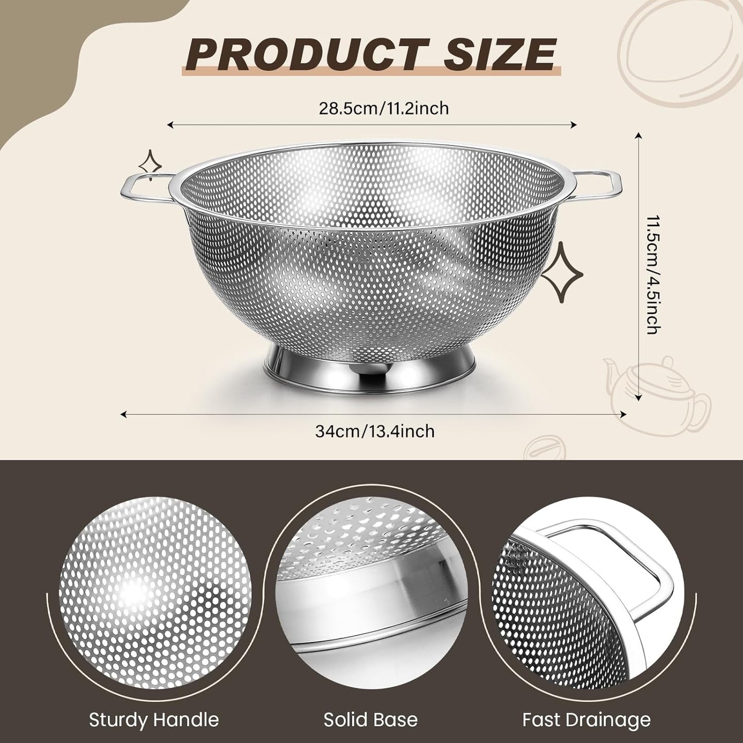 Norme 5 Quart Stainless Steel Silver Colander and 3 Pcs Silver Fine Mesh Strainer, Stainless Steel Pasta Rice Food Metal Strainer with Handles, Easy Clean and Dishwasher Safe