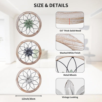 Paquesta 3 Piece Round Farmhouse Wall Decor with 6 Piece Interchangeable Flowers 12'' Medallion Wood & Metal Rustic Wall Art for Living Room Bedroom Kitchen Bathroom Dining Room Home Decorations