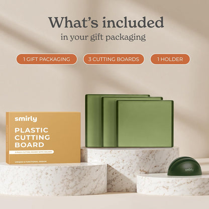 SMIRLY Plastic Cutting Board Set with Holder 3 Pieces, Non-Slip Dishwasher Safe Chopping Boards for Kitchen, Green