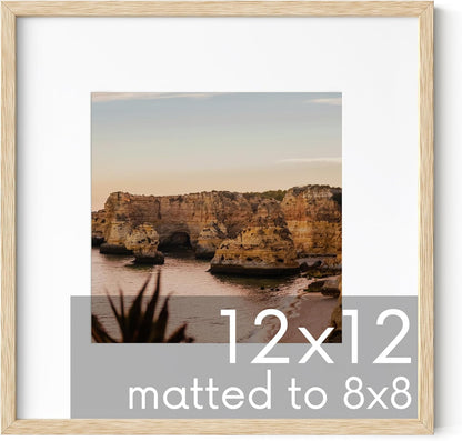 Haus and Hues Solid Oak 12”x12” Picture Frame Matted to 8”x8” - 12x12 Wood Frame, 12x12 Frame with Mat, 12x12 Frame Wood, 12 by 12 Square Frame with Mat, Modern 12 x 12 Picture Frame (Beige Oak Frame)