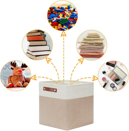 DULLEMELO Cube Storage Bins - 4 Pack Foldable Large Storage Baskets 12 inch Gifts Empty Fabric Bins for Home Office Cubes Organizer Closet, Shelves, Toy, Nursery (4 Pack - 12" White&Khaki)