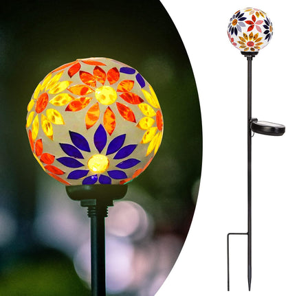 Afirst Solar Lights Outdoor Decorative - Solar Gazing Ball Mosaic Garden Stakes Flower Decorative Lights Waterproof for Pathway Yard Lawn Decoration Orange