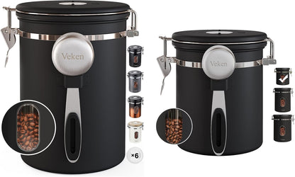 Veken Coffee Canister with Window, Airtight Stainless Steel Kitchen Food Storage Container with Date Tracker and Scoop for Grounds Coffee, Beans, Tea, Flour, Cereal, Sugar, 22&16OZ,Black