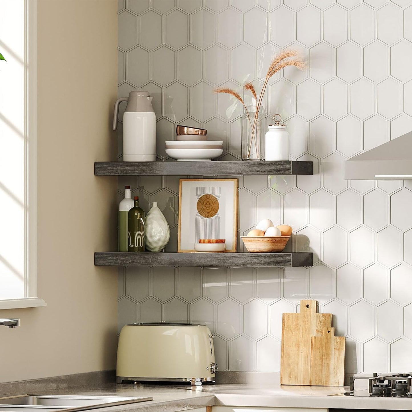 HOOBRO Floating Shelves for Wall, Wall Mounted Shelf Set of 2, 23.6" Hanging Shelf with Invisible Brackets, for Wall in Bathroom, Bedroom, Toilet, Kitchen, Living Room, Office, Charcoal Gray BC60BJ01