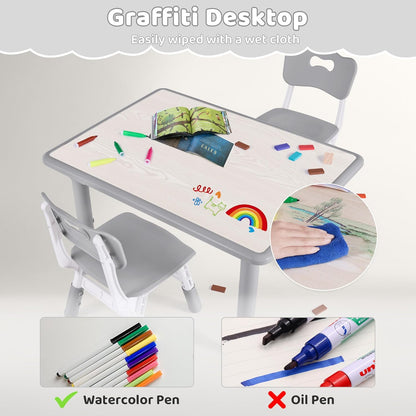Kids Table and 2 Chairs Set, Height Adjustable (17.7"-26.1") Toddler Table and Chair Set, Multi-Activity Table with Graffiti Desktop, Children’s Table and Chairs for Classroom, Home & Daycare