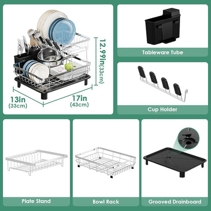 MOUKABAL Dish Drying Rack - 2 Tier Stainless Steel Dish Rack, Dish Racks for Kitchen Counter, Drying Rack Kitchen with Removable Utensil Holder and Drainboard (Black)
