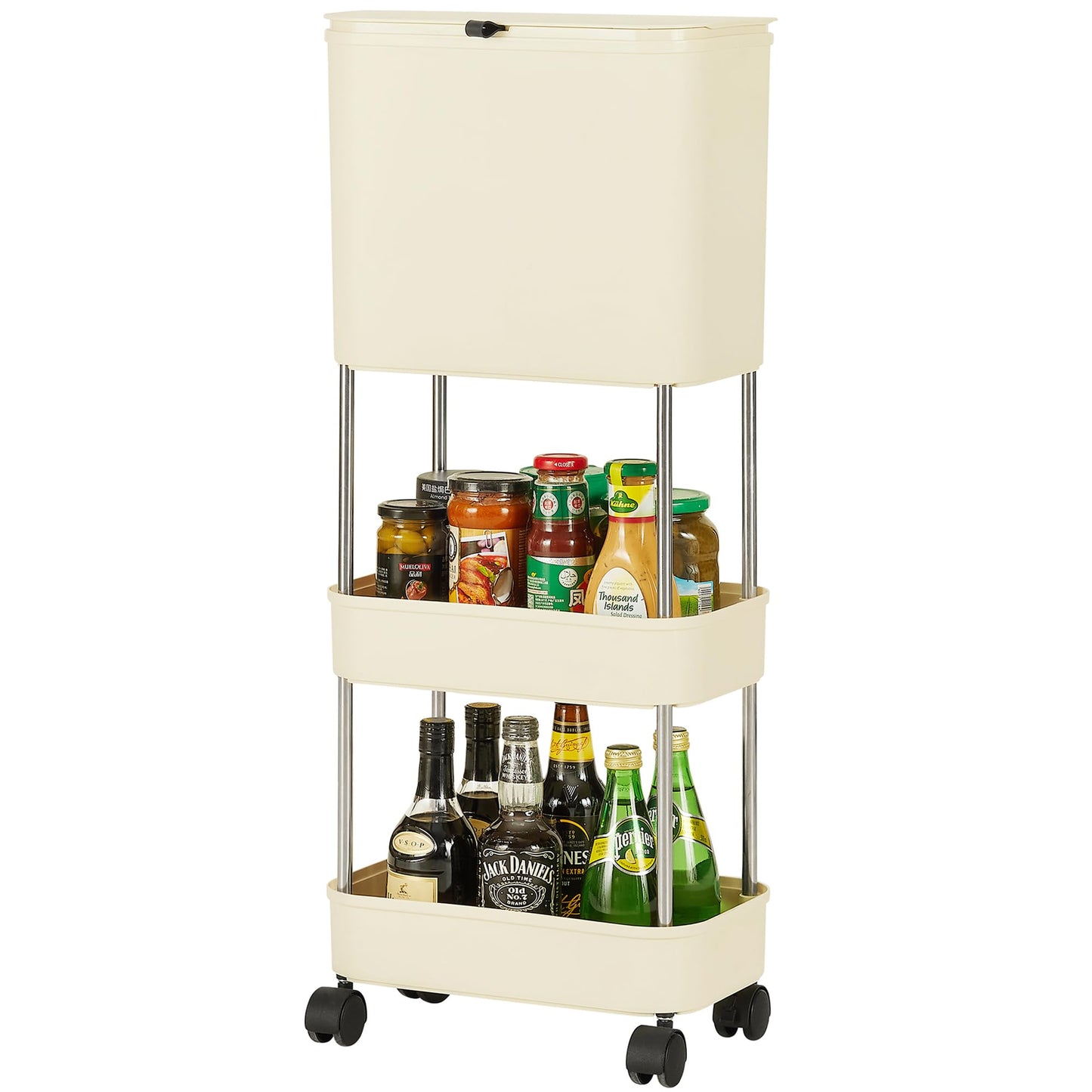 VECELO Kitchen Trash Can with Lid, Garbage Bin with Storage Rack, Dog Proof Narrow Waste Basket for
