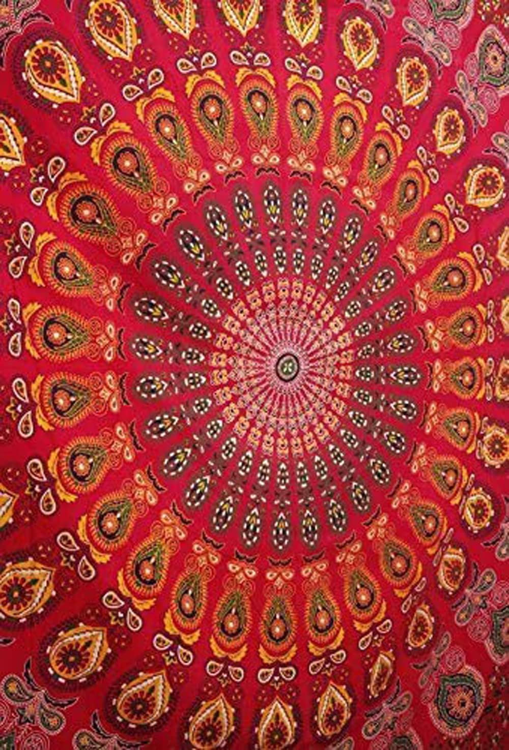 Bless International Handmade Indian hippie Bohemian Psychedelic Peacock Mandala Wall hanging College Dorm Beach Throws Table Cloth Bedding Tapestry (Golden Red, King(88x104Inches)(225x265Cms))