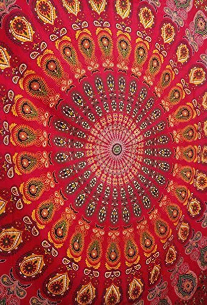 Bless International Handmade Indian hippie Bohemian Psychedelic Peacock Mandala Wall hanging College Dorm Beach Throws Table Cloth Bedding Tapestry (Golden Red, King(88x104Inches)(225x265Cms))