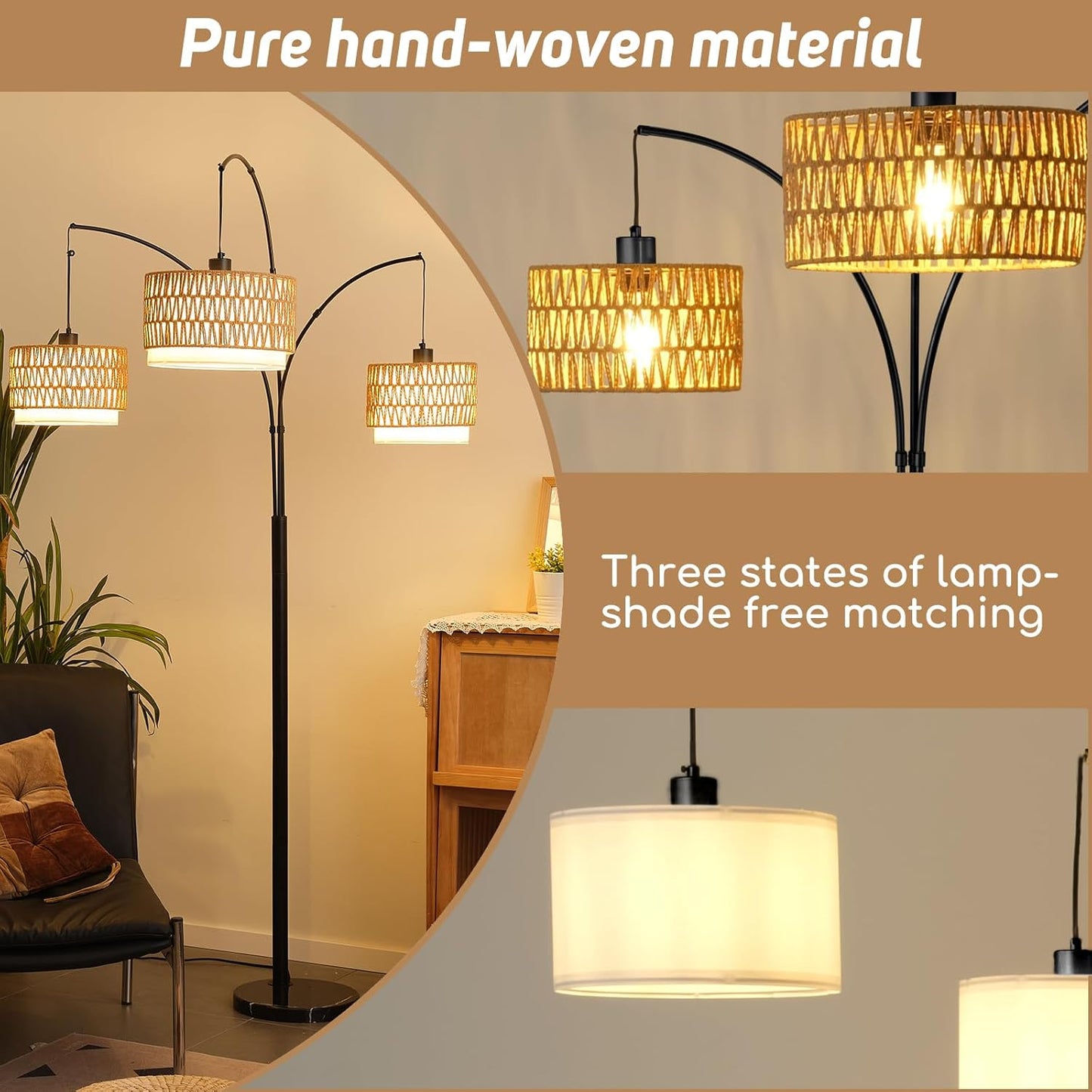 Rattan Floor Lamp for Living Room, 80 Inch Tall Boho Floor Lamp with Rotary Switch, 3 Lights Arc Lamp with Wicker Shade for Coastal,Bohemian,Tree Farmhouse Standing Lamp