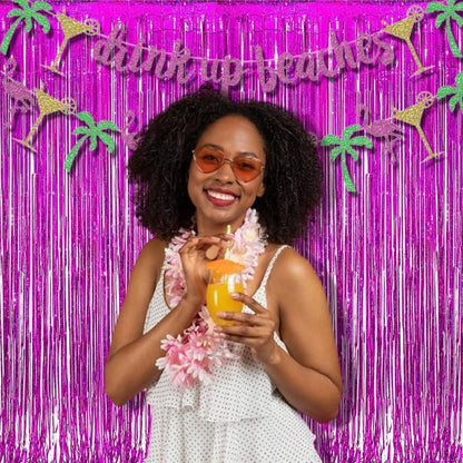 BRAVESHINE Hot Pink Tinsel Foil Fringe Curtains - 2Pcs 3.2x8.2ft Metallic Party Streamers Backdrop for Girl Birthdays Valentines Bridal Shower Bachelorette Hawaiian Luau Theme Party Decorations