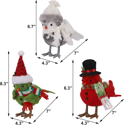 Prsildan Christmas Table Decorations Birds, Set of 3 Christmas Bird Figurine Table Top Decor, Green Red Gray Xmas Birds Ornaments for Winter Home Kitchen Fireplace Mantel Holiday Party
