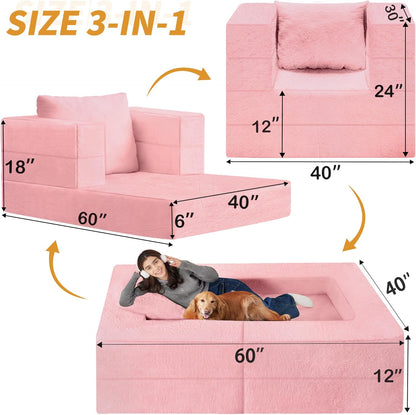 Folding Bean Bag Chair for Adults,3-in-1 Bean Bag Couch Faux Fur Floor Sofa Large Beanbag Convertible Bean Bag Sofa Bed with Pillow in Bedroom,Living Room,Apartment(Twin,Pink)