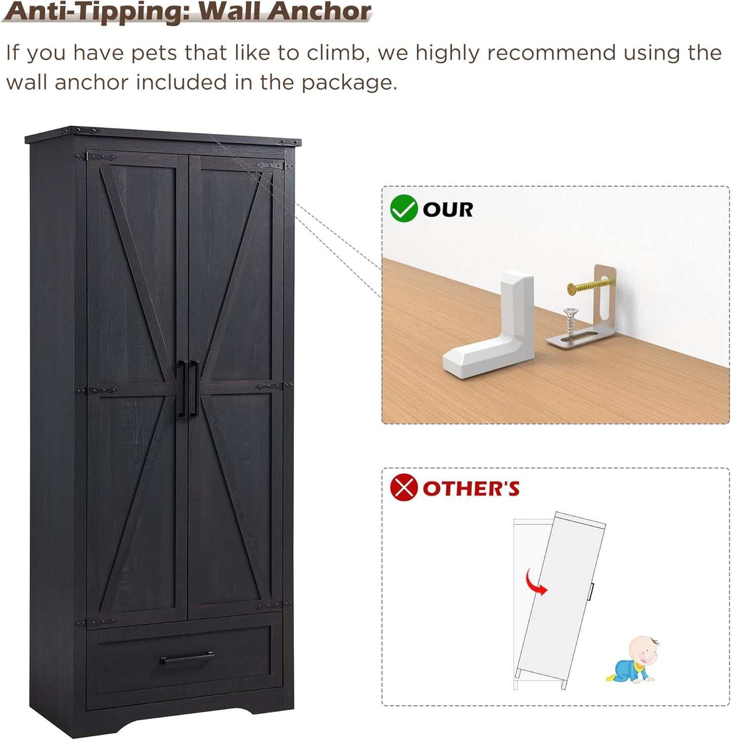 72" Tall Wood Storage Cabinet, Farmhouse Kitchen Pantry Cabinet with Adjustable Shelves & Drawer & Barn Doors, Versatile Storage for Kitchen, Dining Room, Bathroom, Black