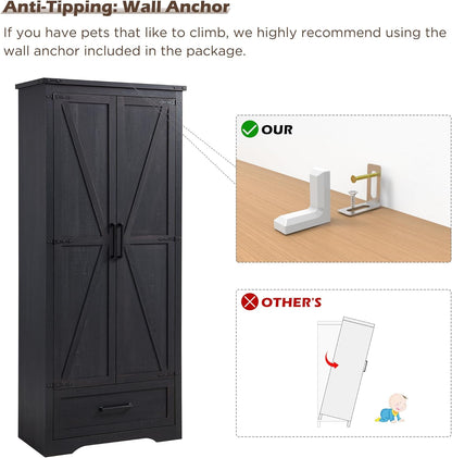 72" Tall Wood Storage Cabinet, Farmhouse Kitchen Pantry Cabinet with Adjustable Shelves & Drawer & Barn Doors, Versatile Storage for Kitchen, Dining Room, Bathroom, Black