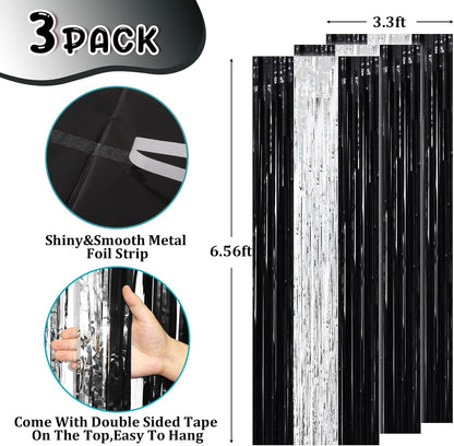 3 Pack 3.3 x 8.2 ft Black and Silver Foil Fringe Backdrop Curtains, Tinsel Streamers Party Decorations, Fringe Backdrop