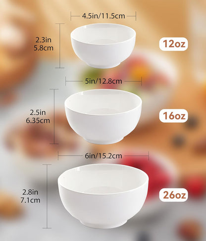 White 4.5in Small Ceramic Bowls, 12 OZ Cereal Bowls Set of 6 for Dessert, Rice, Jello, Pudding, Yogurt, Dishwasher/Microwave safe, Bone China