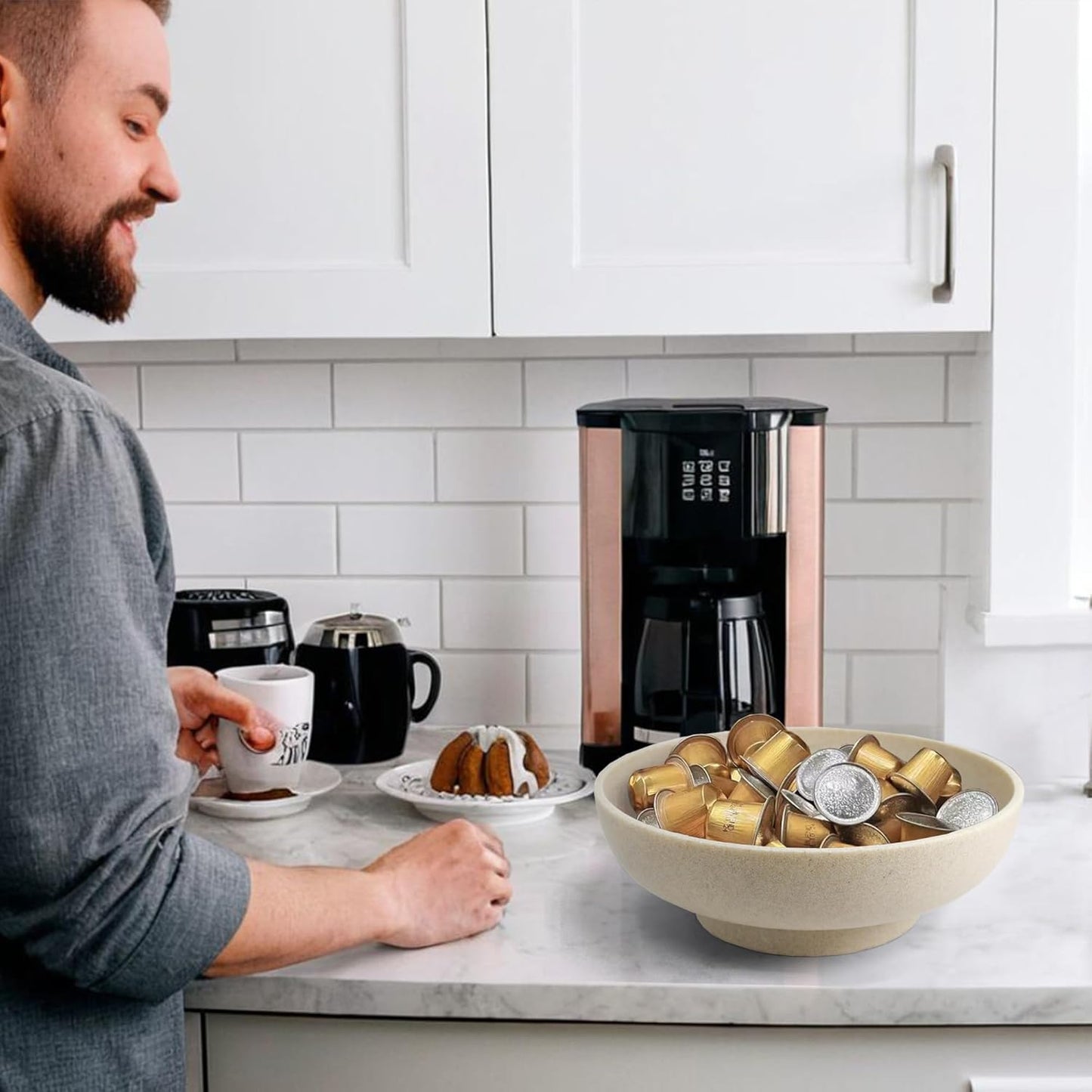 Large Decorative Bowl, Modern Handicraft Resin Bowls for Home Decor, Decorative Fruit Bowl for Kitchen Counter, Stylish Key Bowl for Entry Table, Artificial Stone Resin Beige