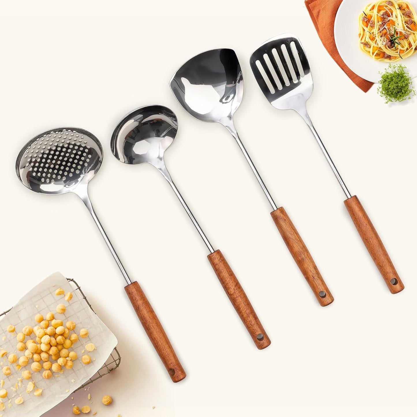 FJNATINH Stainless Steel Wok Tools Set,Wok Utensil - Wok Spatula,Turner,Ladle,Skimmer Tool Set,Mirror Polished Stainless Steel Cooking Utensils 14.6-15.2" Kitchen Utensils Cookware, Pack of 4