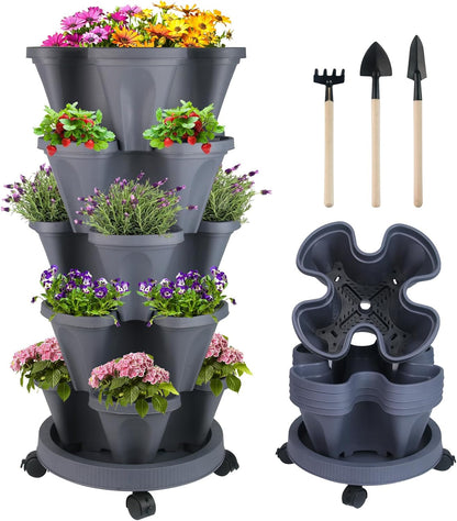 DUNCHATY Stackable Planter, Dark Gray, 5-Tier Garden Tower with Wheels, Self-Watering, Polypropylene Plastic, Indoor/Outdoor Use