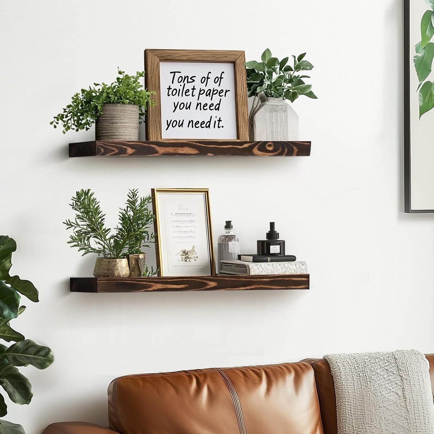 Floating Wall Shelves - 16"x6.8"x1.2" Sturdy Rustic Brown Solid Wood Shelves for Storage and Décor, Easy Installation for Living Room, Bedroom, and Kitchen - 2 Pack