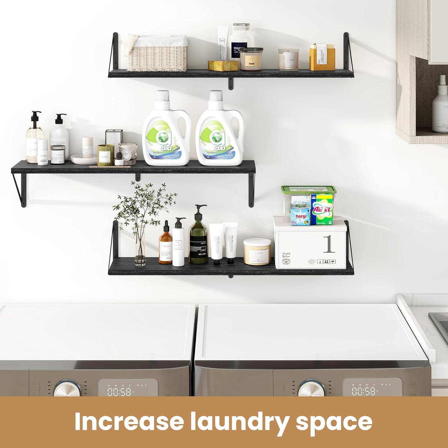 Heimlove 36 Inch Black Floating Bookshelves Set of 3,Heavy Duty Wall Mounted Bookshelves,Bookshelf for Living Room,Bedroom,Kitchen,Laundry Room Storage & Decor