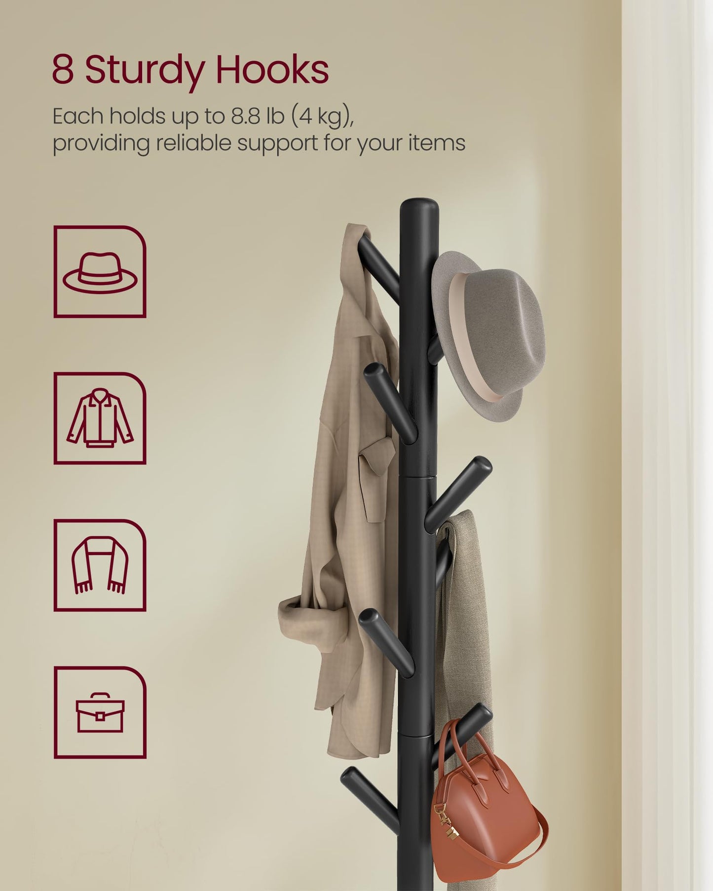 VASAGLE Coat Rack, Free Standing Coat Stand, Hall Coat Tree with 8 Hooks and Storage Shelf, 69.2