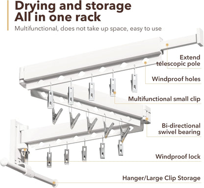 Wall Mounted Clothes Hanger,Clothes Drying Rack,Laundry Rack Wall Mount,Drying Rack Clothing,Clothes Rack Retractable,Collapsible(Tri-Fold), with Windproof Holes & Clips,White Color