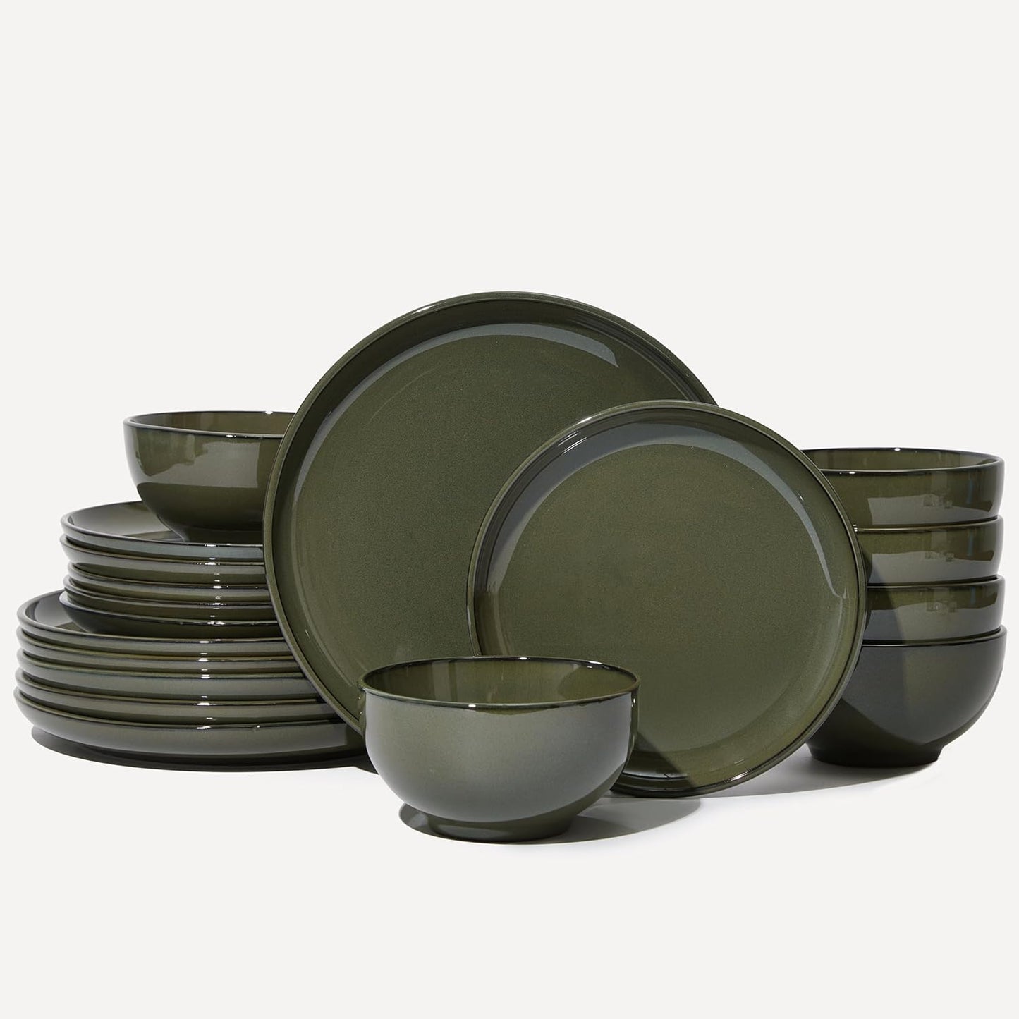 18 Piece Dinnerware Set for 6, Reactive Glaze Terracotta Plates and Bowls Set, Large Family-Sized Stoneware Dish Set for Gatherings, Chip and Scratch Resistant, Blackish Green