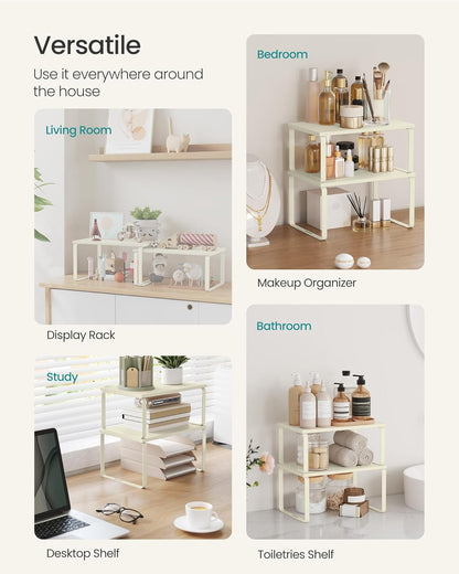 SONGMICS Cabinet Organizer Shelf, Set of 2 Kitchen Counter Shelves, Kitchen Storage, Spice Rack, Stackable, Expandable, Metal and Engineered Wood, Cream White UKCS002W02