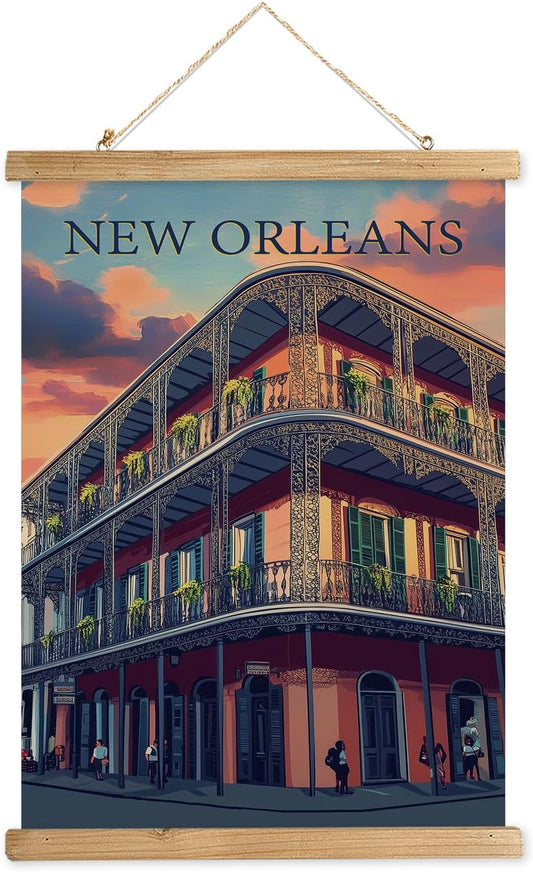 WREVERW Vintage New Orleans Poster Canvas Print with Wooden Hanger Frame, Featuring French Quarter Architecture and Iconic Iron Balconies, Wall Art for Home and Office Decor, 16x23 inches