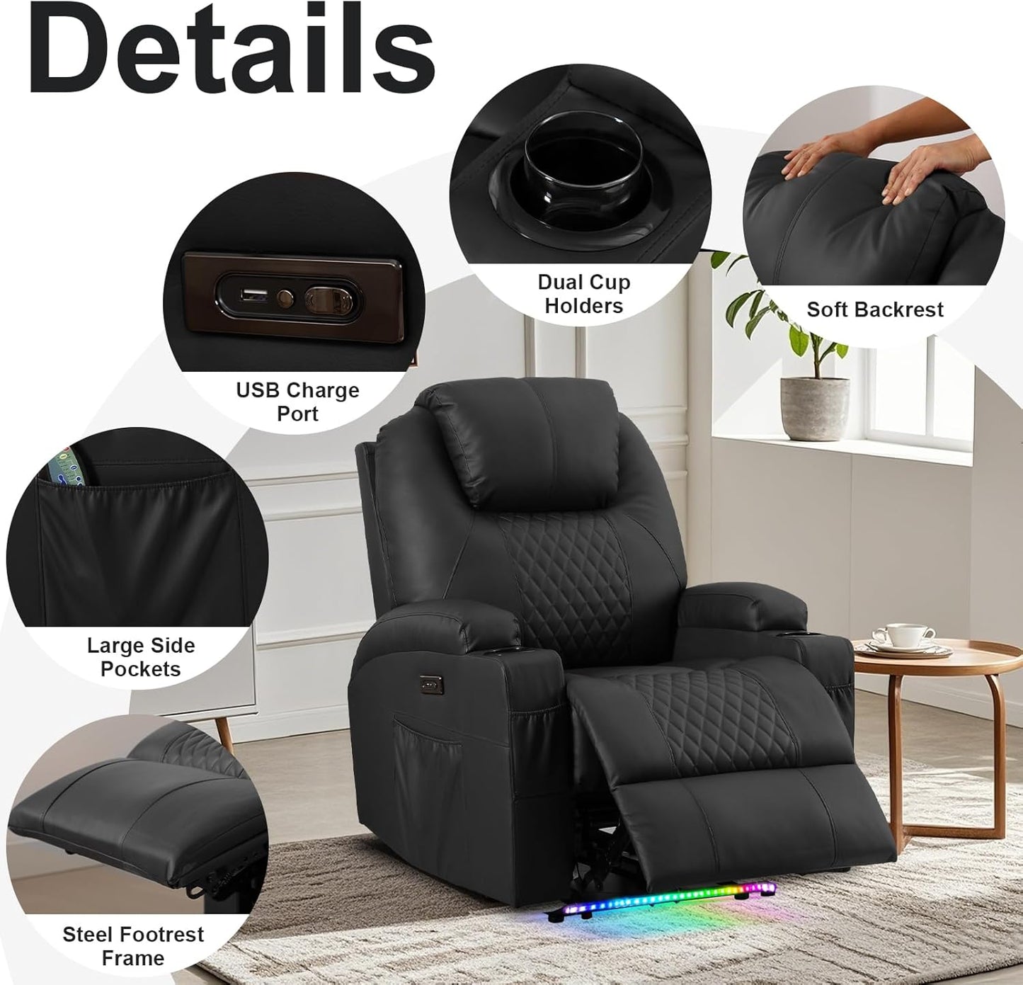 AHMED Power Recliner Chair with Vibration Massage & Heat for Adults, Faux Leather Home Theater Seating with Cup Holders/LED Lights/USB Ports/Side Pockets for Living Room, Black