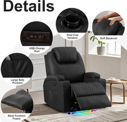 AHMED Power Recliner Chair with Vibration Massage & Heat for Adults, Faux Leather Home Theater Seating with Cup Holders/LED Lights/USB Ports/Side Pockets for Living Room, Black