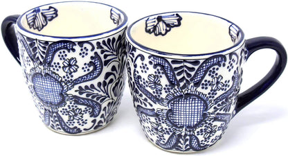 Encantada Handmade Hand-Painted Authentic Mexican Pottery Mugs (Cobalt Blue Flower X2)