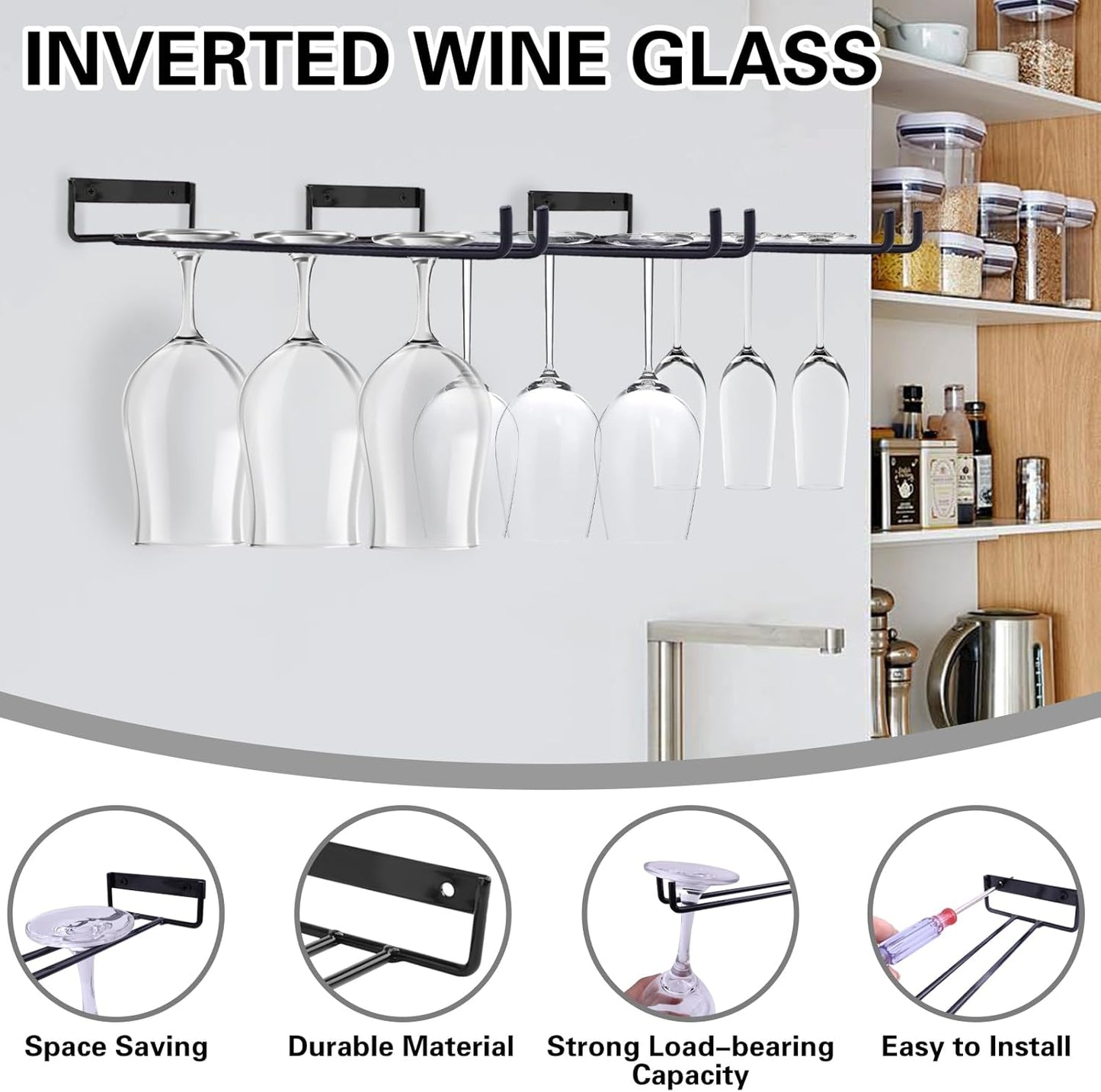 11.8 Inch Wine Glass Rack,Set of 4 Stemware Wine Glass Hanging Rack, Metal Wine Glass Holder Under Cabinet Organization and Storage for Kitchen Bar Decor