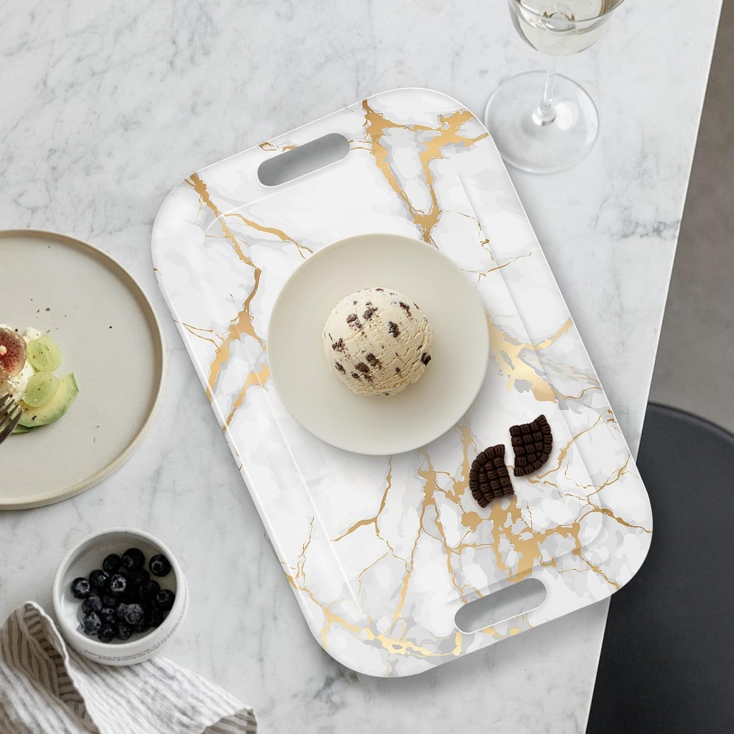 Serving Trays with Handles, 14.5 x 9.8 inch Rectangular Plastic Tray for Restaurant, Kitchen, Golden White Marble