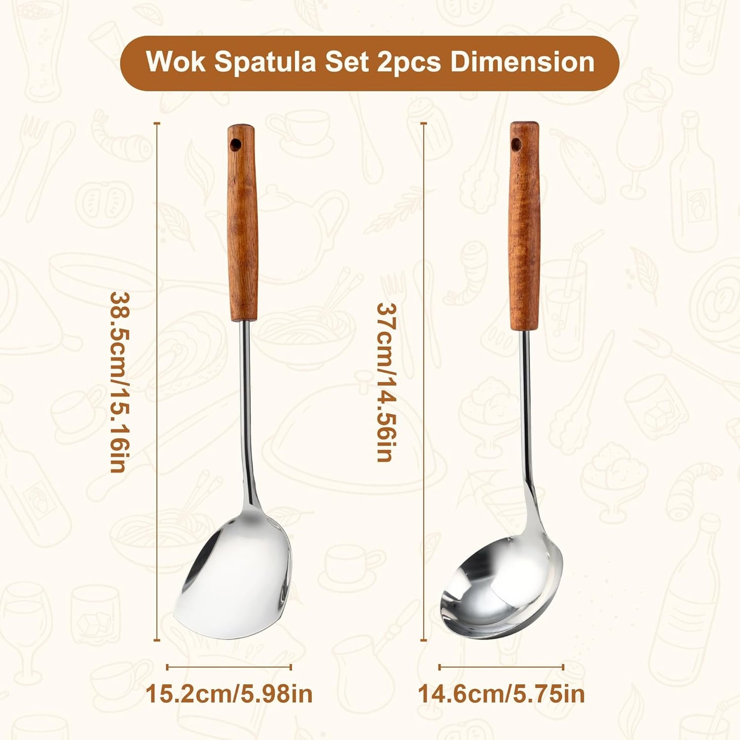 FJNATINH Wok Spatula and Ladle Tool Set - Stainless Steel Wok Tools,Wok Utensil,Mirror Polished Stainless Steel Cooking Utensils 14.6-15.2" Kitchen Utensils Cookware, Pack of 2