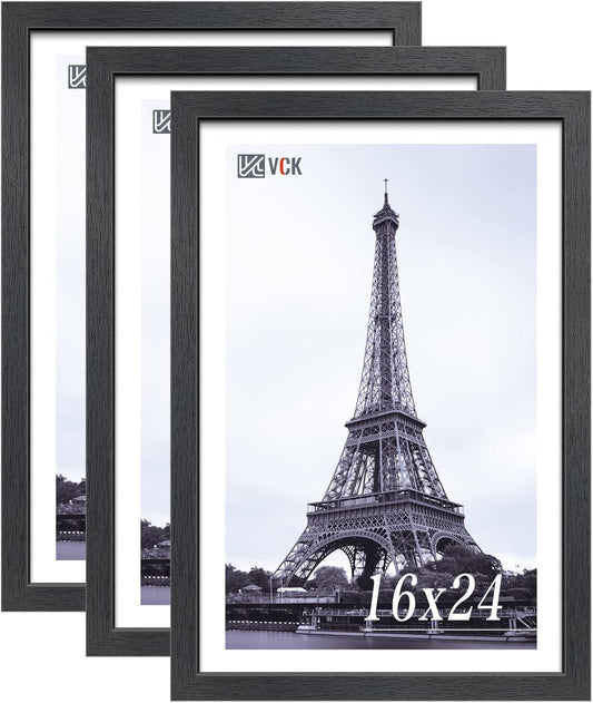 VCK 16x24 Poster Frames Set of 3, Black Solid Wood Picture Frame, Textured Exclusive Wall Gallery Frame