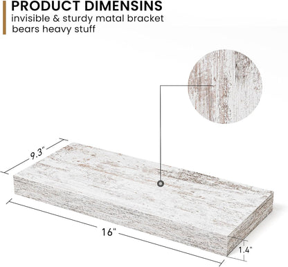 Fun Memories Deep Floating Shelves - 16" W x 9" D x 1.6" H Rustic Grey Wall Shelf - Wall Mounted Shelves for Storage - Wooden Shelves with Invisible Brackets for Living Room, Farmhouse - Set of 2