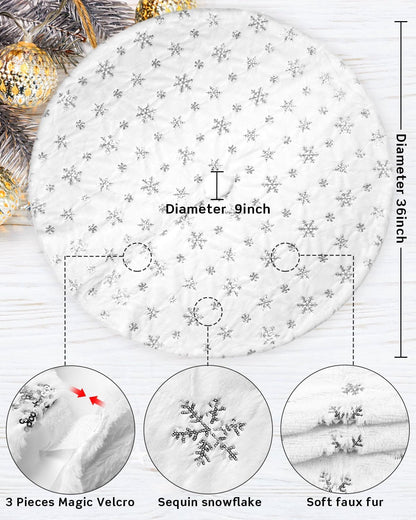 COOLWUFAN 36 Inches Christmas Tree Skirt for Xmas Tree Holiday Party Decorations White Plush Silver Sequin Snowflake (Silver)