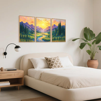 HPNIUB Vintage Mountain Framed Canvas Wall Art Set, Boho Sunrise Art Prints, Forest Nature Wilderness Art Paintings, Modern Farmhouse Pine Tree Wall Decor for Living Room Bedroom, Office- 16"x24"x3